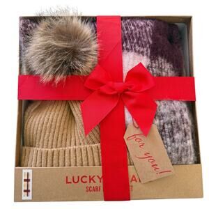 Lucky Brand Long Scarf & Pom Pom Faux Fur Hat Set NIB Gift Set